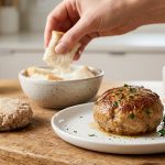 A photorealistic image showcasing the 'panade' technique for ground meat. In the foreground, a perfectly cooked, tender, and juicy golden-brown meatball glistens. In the background, a dry, dense, crumbly meat patty contrasts with a bowl where a hand squeezes milk from soaked white bread (the panade). The scene is a clean, brightly lit kitchen counter.