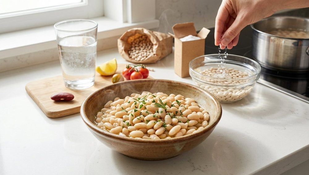 A photorealistic still life on a kitchen counter featuring a bowl of perfectly cooked, creamy white beans, garnished with olive oil and herbs. Around it, various elements depict the culinary journey of cooking beans, including hints of hard water, a stubborn dried bean, acidic ingredients, old beans, and hands adding baking soda to soaking beans and salt to a simmering pot.