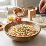 A photorealistic still life on a kitchen counter featuring a bowl of perfectly cooked, creamy white beans, garnished with olive oil and herbs. Around it, various elements depict the culinary journey of cooking beans, including hints of hard water, a stubborn dried bean, acidic ingredients, old beans, and hands adding baking soda to soaking beans and salt to a simmering pot.