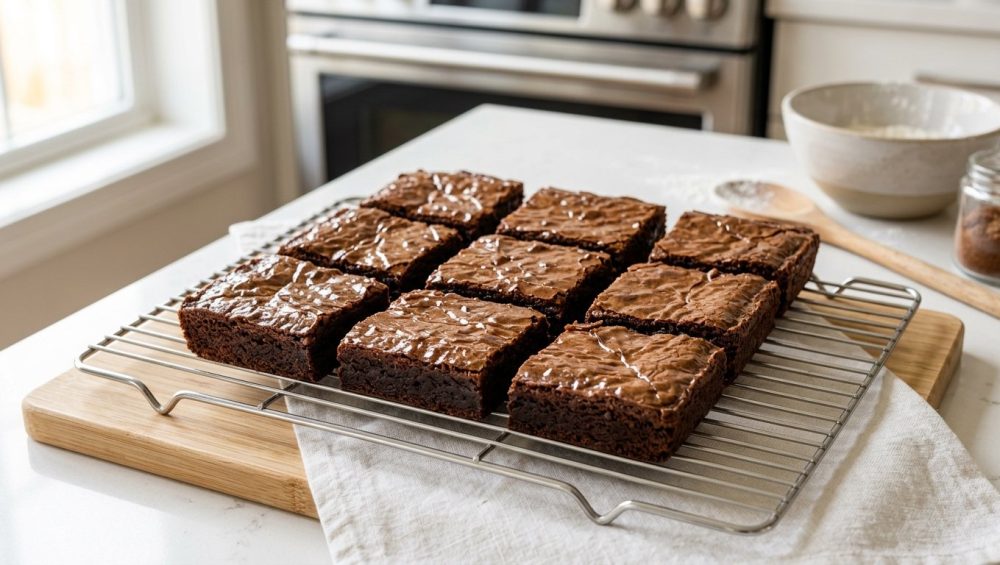 A close-up of perfectly baked brownies, featuring an impossibly glossy, tissue-thin crust with delicate cracks that reveal a rich, dark chocolate interior. They are precisely cut into uniform squares and neatly arranged on a minimalist surface in a clean, modern home kitchen, bathed in soft, natural light that highlights their exquisite sheen and delicious perfection.