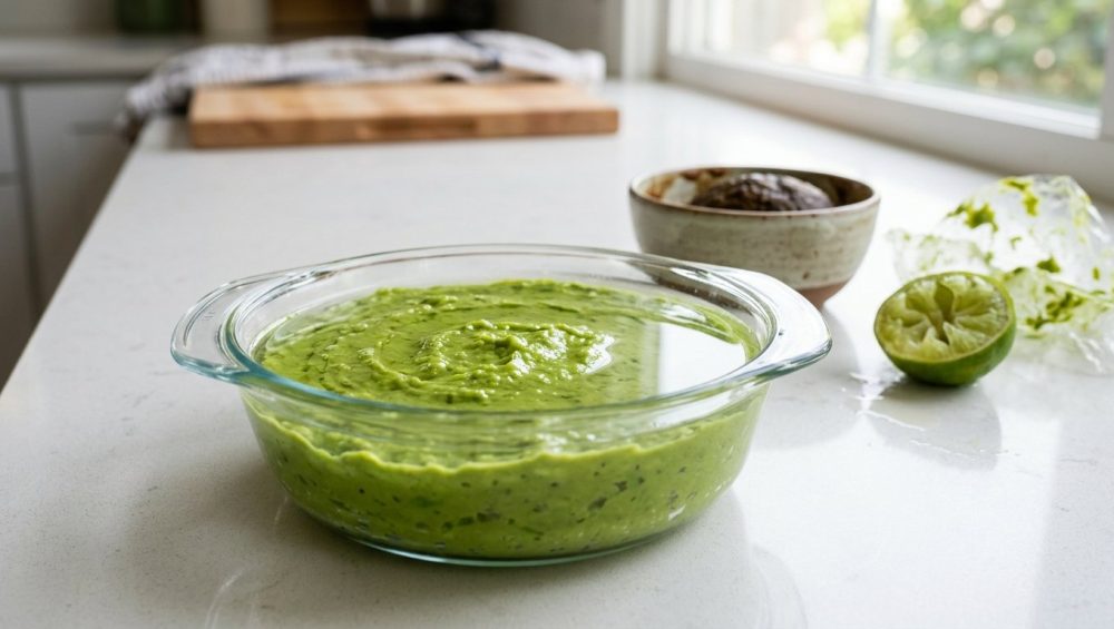 A photorealistic image shows a clear glass dish filled with vibrant, bright green mashed avocado, perfectly topped with a thin, reflective layer of water. In the soft-focus background, a ceramic bowl holds unappetizingly brown, oxidized avocado. A discarded lime wedge and crumpled plastic wrap are visible on a clean, brightly lit countertop.