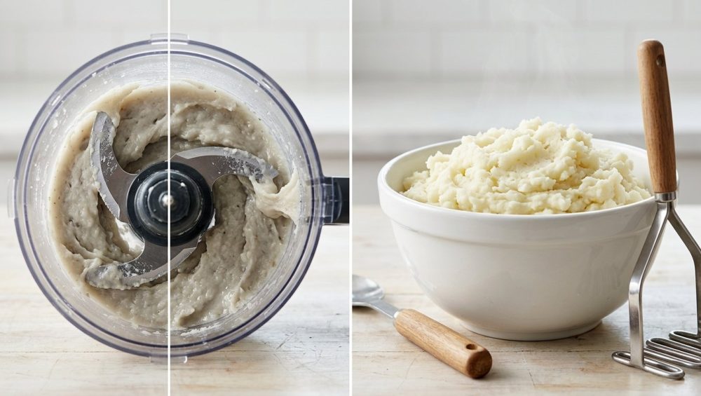 A photorealistic split-screen image contrasting potato textures. On the left, unappetizing, dense, gummy greyish-white potato paste clings to a food processor bowl. On the right, perfectly light, fluffy, airy white mashed potatoes sit in a mixing bowl with a potato ricer.