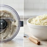 A photorealistic split-screen image contrasting potato textures. On the left, unappetizing, dense, gummy greyish-white potato paste clings to a food processor bowl. On the right, perfectly light, fluffy, airy white mashed potatoes sit in a mixing bowl with a potato ricer.
