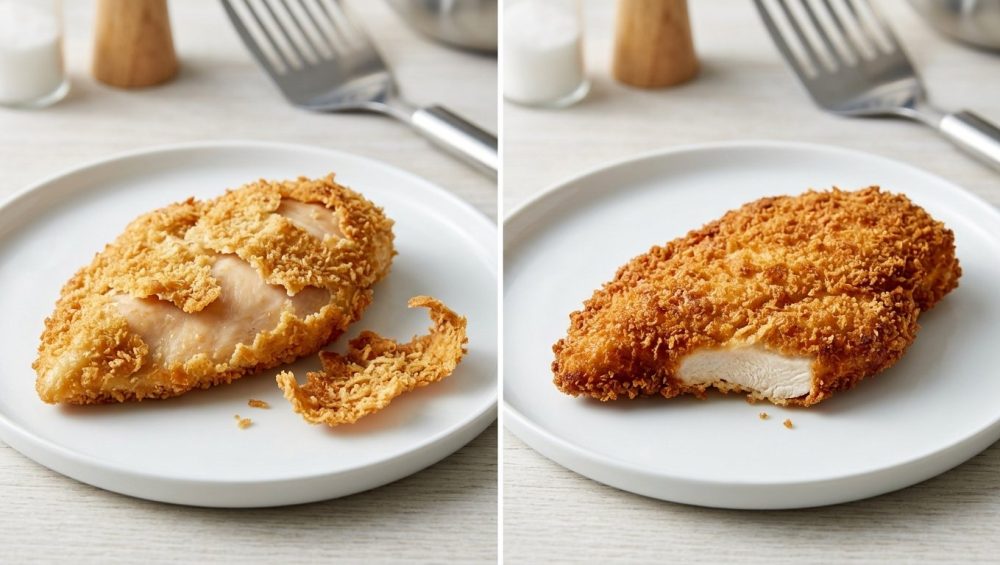 A side-by-side comparison of two golden-brown pan-fried chicken cutlets. One shows detached, peeling breading, while the other has perfectly crisp, uniformly adhered breading, both on minimalist plates in a clean kitchen setting.