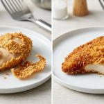 A side-by-side comparison of two golden-brown pan-fried chicken cutlets. One shows detached, peeling breading, while the other has perfectly crisp, uniformly adhered breading, both on minimalist plates in a clean kitchen setting.