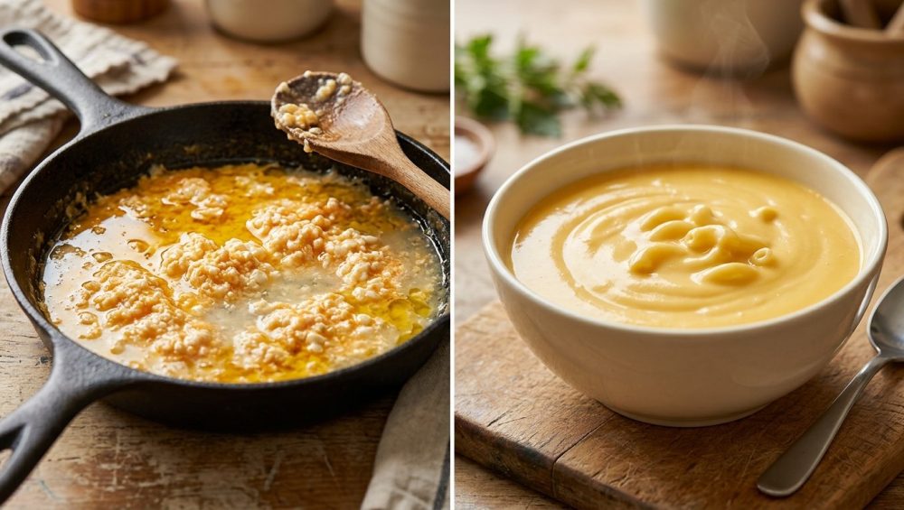 A diptych contrasting two close-up, macro shots of cheese sauce. On the left, a broken, unappetizing dull yellow-orange cheese sauce shows distinct oil globules, grainy curdled solids, and a watery separation. On the right, a vibrant, perfectly emulsified, glossy, and creamy yellow-orange cheese sauce with a uniform texture and a subtle wisp of steam appears luxurious and appetizing. Both are hyperrealistic food photographs with shallow depth of field, set in warm-toned kitchen environments.