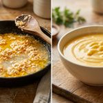 A diptych contrasting two close-up, macro shots of cheese sauce. On the left, a broken, unappetizing dull yellow-orange cheese sauce shows distinct oil globules, grainy curdled solids, and a watery separation. On the right, a vibrant, perfectly emulsified, glossy, and creamy yellow-orange cheese sauce with a uniform texture and a subtle wisp of steam appears luxurious and appetizing. Both are hyperrealistic food photographs with shallow depth of field, set in warm-toned kitchen environments.
