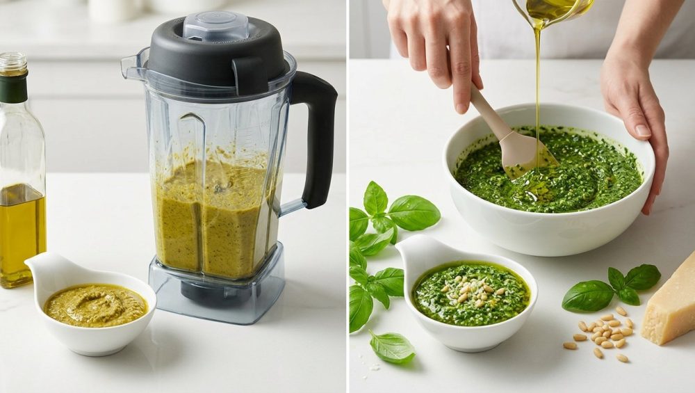 A photorealistic diptych contrasting incorrectly and correctly made pesto on a bright, minimalist kitchen counter. On the left, a dull yellowish-green, slightly oily, and separated pesto is shown in a high-speed blender and a serving bowl, visually hinting at a harsh flavor. On the right, a hand gently folds lustrous olive oil into a vibrant, deep emerald-green pesto paste in a mixing bowl. Next to it, a perfectly emulsified, glossy portion overflows a white bowl, surrounded by fresh basil, pine nuts, and Parmesan, highlighting its inviting and balanced quality. Soft natural light illuminates the scene, emphasizing the stark visual differences in color, texture, and quality between the two preparations.