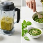 A photorealistic diptych contrasting incorrectly and correctly made pesto on a bright, minimalist kitchen counter. On the left, a dull yellowish-green, slightly oily, and separated pesto is shown in a high-speed blender and a serving bowl, visually hinting at a harsh flavor. On the right, a hand gently folds lustrous olive oil into a vibrant, deep emerald-green pesto paste in a mixing bowl. Next to it, a perfectly emulsified, glossy portion overflows a white bowl, surrounded by fresh basil, pine nuts, and Parmesan, highlighting its inviting and balanced quality. Soft natural light illuminates the scene, emphasizing the stark visual differences in color, texture, and quality between the two preparations.