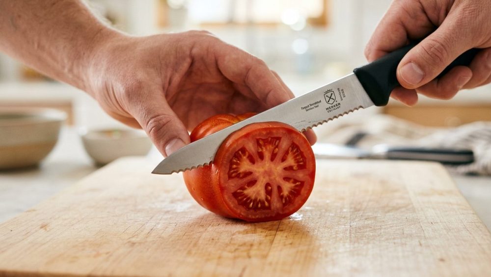 A hyper-realistic macro shot of a sharp serrated utility knife making a precise, clean cut into the firm, glossy skin of a vibrant red heirloom tomato. The blade's micro-teeth are visibly engaged, guided by a blurred chef's hand, on a light wooden cutting board with shallow depth of field, emphasizing effortless precision.