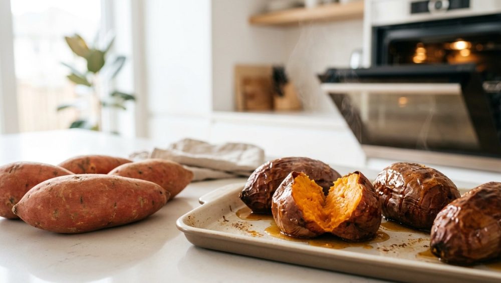 A bright, modern kitchen scene illustrates the remarkable transformation of sweet potatoes. On a minimalist light counter, several firm raw sweet potatoes are artfully arranged. Next to them, on a baking sheet, perfectly baked sweet potatoes are deeply caramelized, their wrinkled skins glistening with thick, golden, naturally seeped syrup. One is split lengthwise, revealing a vibrant, creamy, deep orange, custard-like interior that conveys extreme tenderness. Soft, natural light illuminates the scene, highlighting every texture and glistening drop. Faint steam rises, and a modern oven door is slightly ajar in the soft-focus background. The clean, minimalist aesthetic evokes natural sweetness and culinary perfection.