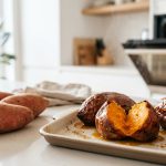 A bright, modern kitchen scene illustrates the remarkable transformation of sweet potatoes. On a minimalist light counter, several firm raw sweet potatoes are artfully arranged. Next to them, on a baking sheet, perfectly baked sweet potatoes are deeply caramelized, their wrinkled skins glistening with thick, golden, naturally seeped syrup. One is split lengthwise, revealing a vibrant, creamy, deep orange, custard-like interior that conveys extreme tenderness. Soft, natural light illuminates the scene, highlighting every texture and glistening drop. Faint steam rises, and a modern oven door is slightly ajar in the soft-focus background. The clean, minimalist aesthetic evokes natural sweetness and culinary perfection.