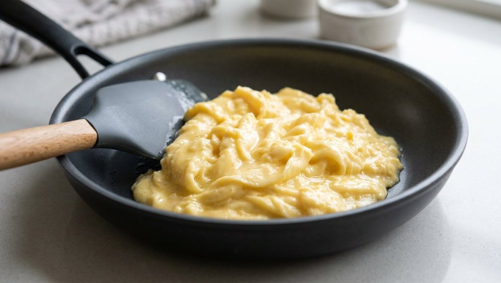 A close-up of perfectly cooked, creamy pale yellow scrambled eggs with delicate curds, glistening subtly in a dark non-stick skillet. A minimalist silicone spatula rests nearby. Bright, soft natural light illuminates the scene against a subtly blurred kitchen counter.