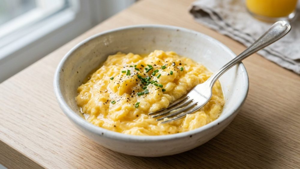 A highly detailed, photorealistic close-up of perfectly cooked scrambled eggs in a minimalist white ceramic bowl. The eggs are incredibly soft, fluffy, and visibly creamy, with distinct, moist curds that glisten under soft morning light, showing no dryness or weeping. A single elegant silver fork gently rests on the bowl's rim, its tines just touching the eggs, subtly showcasing their delicate, yielding texture. The background is a softly blurred modern kitchen countertop, with diffused window light creating gentle highlights. The professional food photography emphasizes a clean, inviting, and elevated breakfast experience.