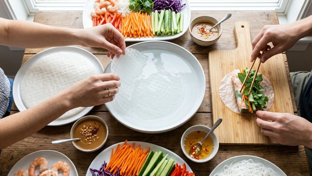 An overhead, photorealistic shot of a vibrant, meticulously clean summer roll assembly station. Hands gently prepare rolls amidst artfully arranged fresh julienned vegetables (carrots, cucumbers, bell peppers, mint, cilantro), dry rice paper wrappers, and small bowls of peanut and nuoc cham dipping sauces. A hydrated wrapper softens in a central water bowl, bathed in bright, natural light. The scene is perfectly organized and inviting.