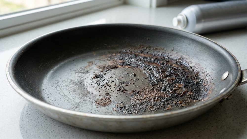 A close-up, stark image shows the interior of a nonstick frying pan with severe chemical damage. Dark, glossy, tar-like polymerized residue clings unevenly to the surface, contrasting sharply with the dull, degraded original nonstick coating. In the blurred background, a generic cooking spray can is angled towards the pan, implying its role in the damage. The scene is brightly lit on a clean kitchen counter.