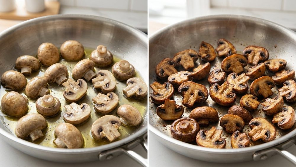 A photorealistic, split-image composition set in a bright, clean kitchen, demonstrating two contrasting methods of cooking cremini mushrooms. On the left, pale, greyish-brown, oil-logged cremini mushrooms are pan-frying in a pool of olive oil in a stainless steel skillet, appearing greasy, shriveled, and lacking browning. On the right, perfectly cooked cremini mushrooms, golden-brown to deep mahogany with crispy edges, show rich caramelization and a firm, meaty texture, free of grease, either in a matching skillet or on a white plate. The image highlights the 'sponge-like' absorption of fat versus achieving a perfectly browned, flavorful result.