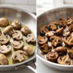 A photorealistic, split-image composition set in a bright, clean kitchen, demonstrating two contrasting methods of cooking cremini mushrooms. On the left, pale, greyish-brown, oil-logged cremini mushrooms are pan-frying in a pool of olive oil in a stainless steel skillet, appearing greasy, shriveled, and lacking browning. On the right, perfectly cooked cremini mushrooms, golden-brown to deep mahogany with crispy edges, show rich caramelization and a firm, meaty texture, free of grease, either in a matching skillet or on a white plate. The image highlights the 'sponge-like' absorption of fat versus achieving a perfectly browned, flavorful result.