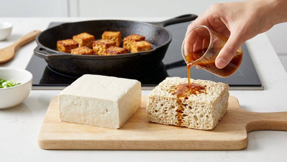 A photorealistic close-up of tofu transformation in a clean, brightly lit kitchen. On a wooden board, a smooth, fresh white tofu block sits beside a highly porous, sponge-like block. A hand pours amber marinade onto the porous tofu, which instantly absorbs it. In the soft-focus background, golden-brown, pan-fried tofu pieces rest in a cast iron skillet.