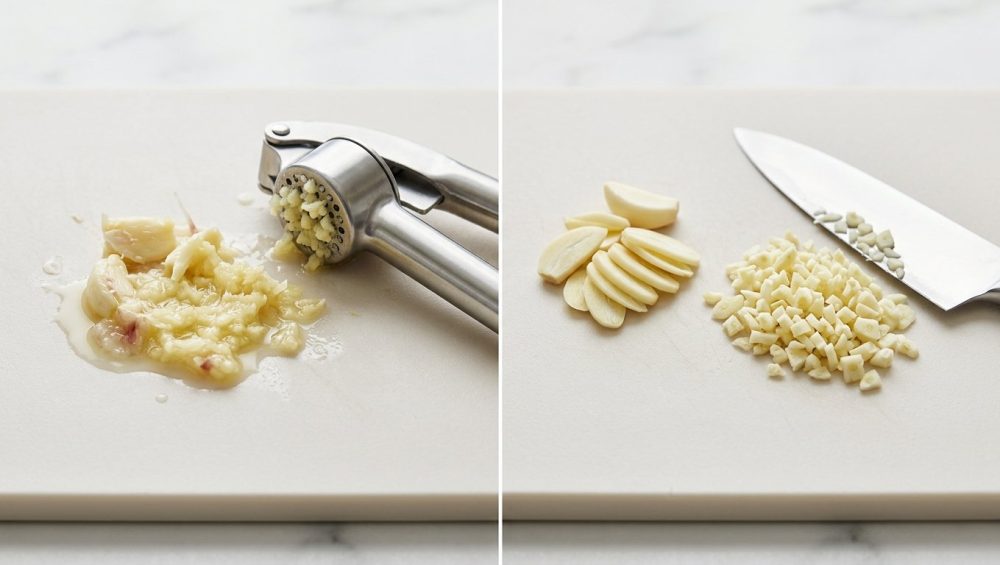 A photorealistic, top-down image on a light cutting board, visually comparing two garlic preparation methods. The left half shows a wet, pulpy pile of aggressively crushed garlic from a press. The right half displays finely minced and thinly sliced garlic cloves, neatly arranged next to a sharp chef's knife.