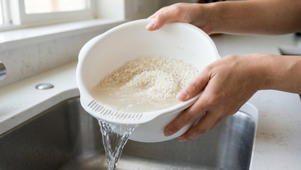 A close-up shows hands gently washing white short-grain rice in a sleek, modern Japanese rice washing bowl. Cloudy water swirls around the rice inside the bowl, while clear water cascades from side drainage slots into a blurred kitchen sink. The naturally lit scene conveys calm efficiency and cleanliness.