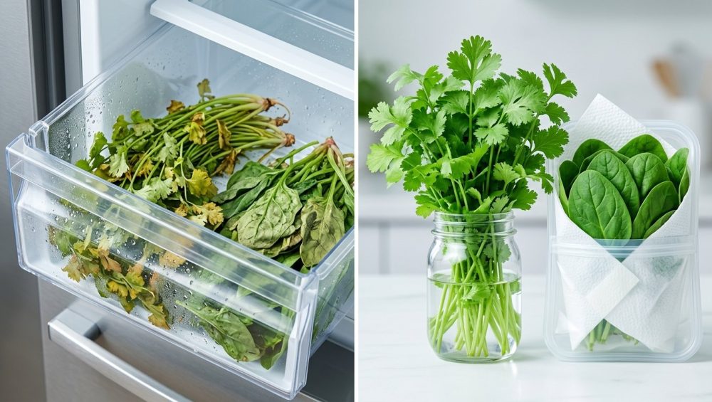 A stark, photorealistic side-by-side comparison in a clean kitchen shows poorly stored versus perfectly stored leafy greens. On the left, wilted, yellowing cilantro and limp, discolored spinach sit in an open crisper drawer with condensation. On the right, vibrant cilantro stands in a water-filled jar, alongside crisp spinach wrapped in a damp paper towel in a reusable container.