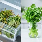 A stark, photorealistic side-by-side comparison in a clean kitchen shows poorly stored versus perfectly stored leafy greens. On the left, wilted, yellowing cilantro and limp, discolored spinach sit in an open crisper drawer with condensation. On the right, vibrant cilantro stands in a water-filled jar, alongside crisp spinach wrapped in a damp paper towel in a reusable container.