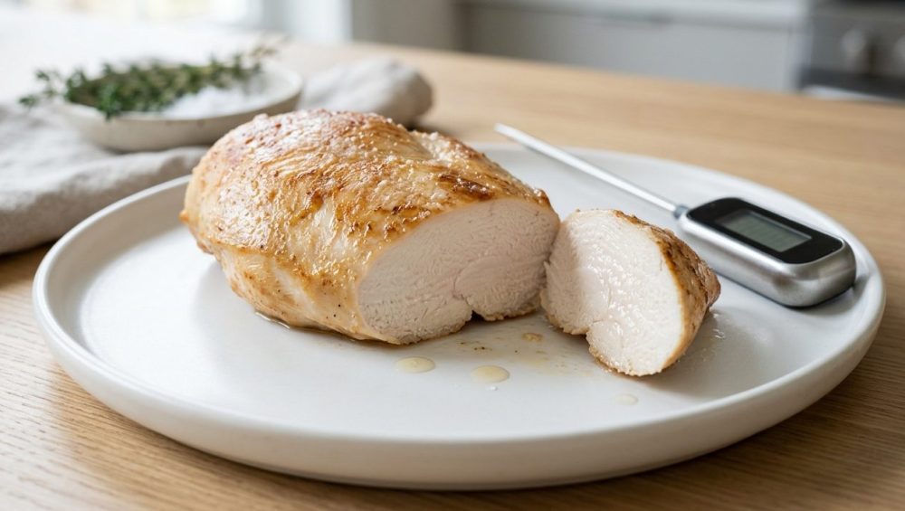 A close-up, photorealistic shot of a perfectly cooked, succulent golden-brown chicken breast on a white plate. A cut section reveals its moist, glistening white interior, with natural juices pooling on the plate. A silver digital meat thermometer rests beside it.