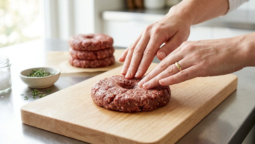 A close-up of a perfectly formed raw beef patty with a centered dimple, gently handled by skilled hands on a clean surface in a modern kitchen.