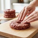 A close-up of a perfectly formed raw beef patty with a centered dimple, gently handled by skilled hands on a clean surface in a modern kitchen.