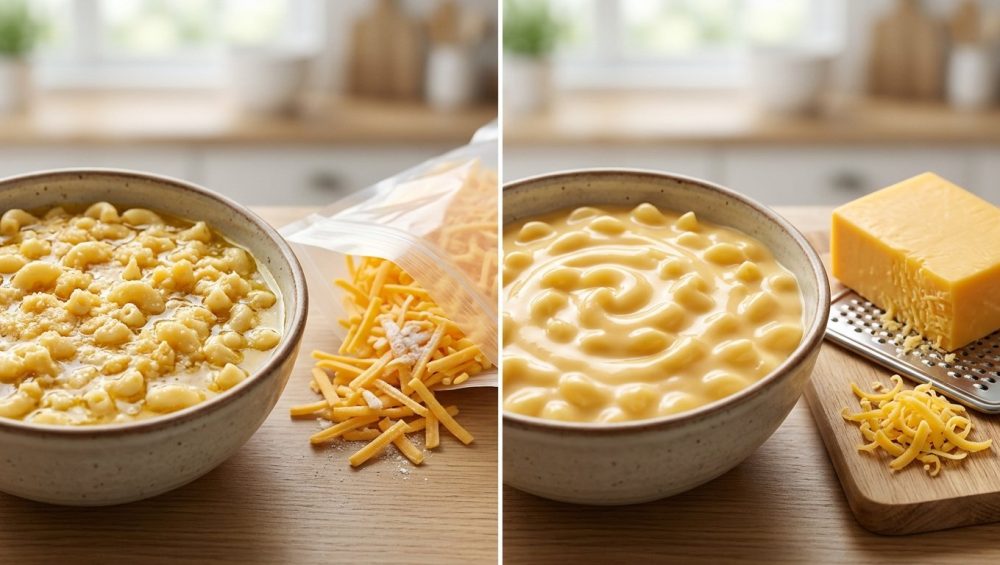 A photorealistic still-life showing two rustic bowls of cheese sauce. On the left, gritty, separated mac and cheese beside a bag of pre-shredded cheese. On the right, perfectly smooth, glossy mac and cheese next to a block of fresh cheddar and a grater.