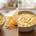 A photorealistic still-life showing two rustic bowls of cheese sauce. On the left, gritty, separated mac and cheese beside a bag of pre-shredded cheese. On the right, perfectly smooth, glossy mac and cheese next to a block of fresh cheddar and a grater.