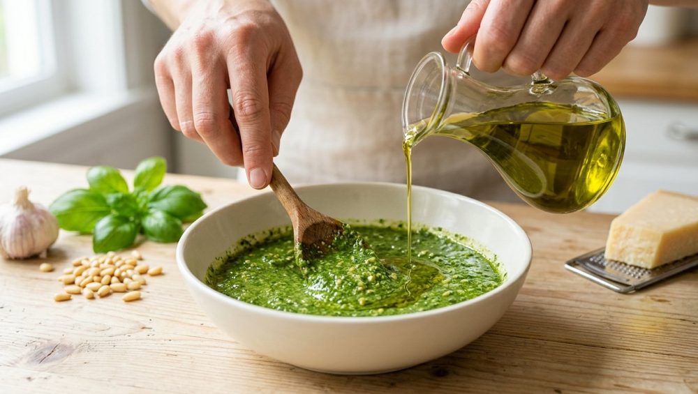 Photorealistic close-up of clean hands gently stirring vibrant green homemade pesto in a white ceramic bowl with a wooden spoon. A stream of golden olive oil pours into the smooth, glossy pesto, creating ripples. Fresh basil, pine nuts, garlic, and Parmesan cheese are softly blurred in the background, all bathed in bright natural light.