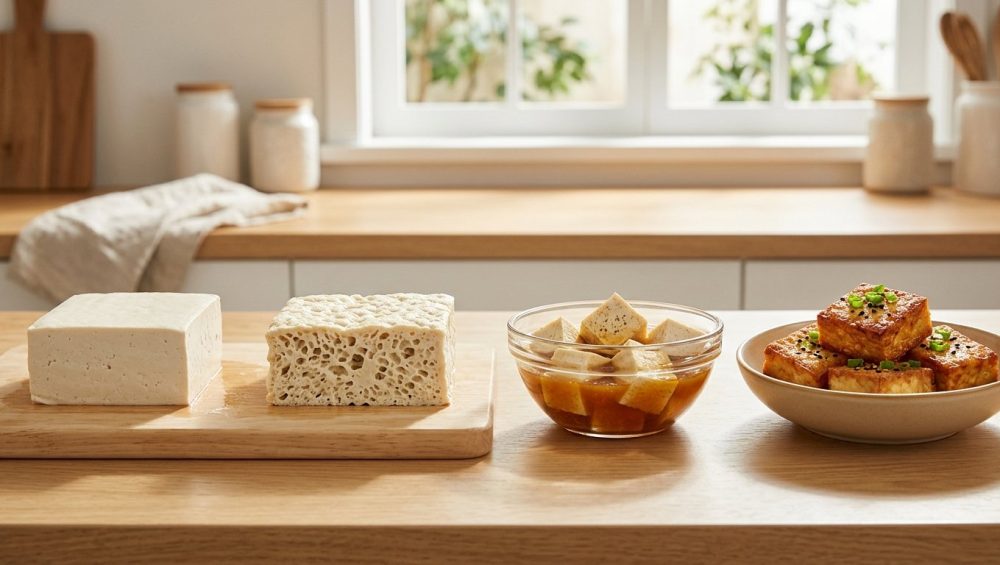 A photorealistic culinary progression of tofu: a firm white block, a porous thawed block, cubes soaking in a rich amber marinade, and crispy golden-brown cooked pieces. All are arranged on a bright, clean kitchen counter under natural light.