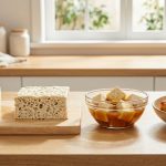 A photorealistic culinary progression of tofu: a firm white block, a porous thawed block, cubes soaking in a rich amber marinade, and crispy golden-brown cooked pieces. All are arranged on a bright, clean kitchen counter under natural light.
