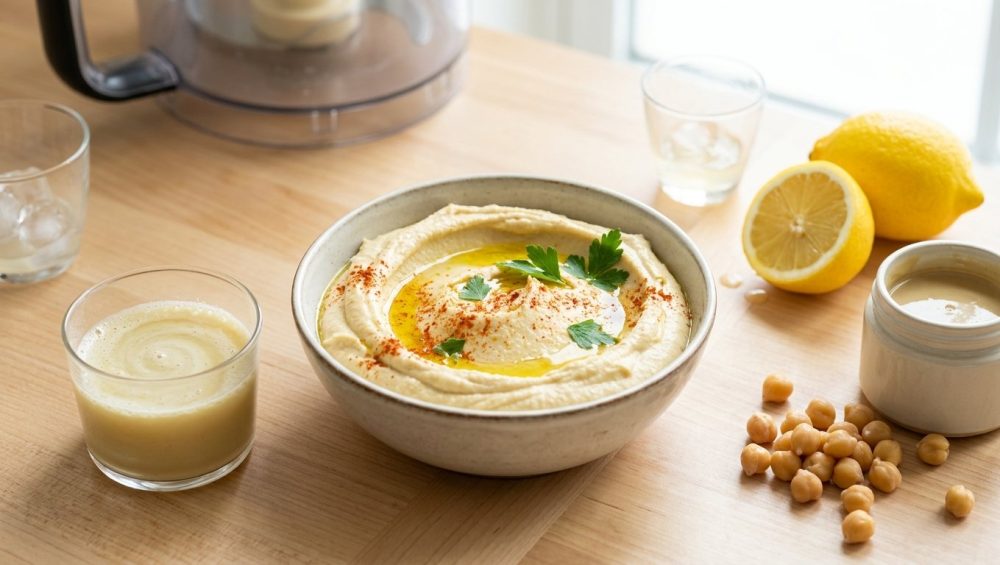 A pristine food photo of fluffy hummus in a rustic ceramic bowl, garnished with glistening olive oil, paprika, and parsley. Artfully arranged around it are whole chickpeas, tahini, a lemon, and a glass of creamy emulsion, all on a light countertop in soft natural light.