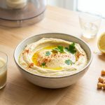 A pristine food photo of fluffy hummus in a rustic ceramic bowl, garnished with glistening olive oil, paprika, and parsley. Artfully arranged around it are whole chickpeas, tahini, a lemon, and a glass of creamy emulsion, all on a light countertop in soft natural light.