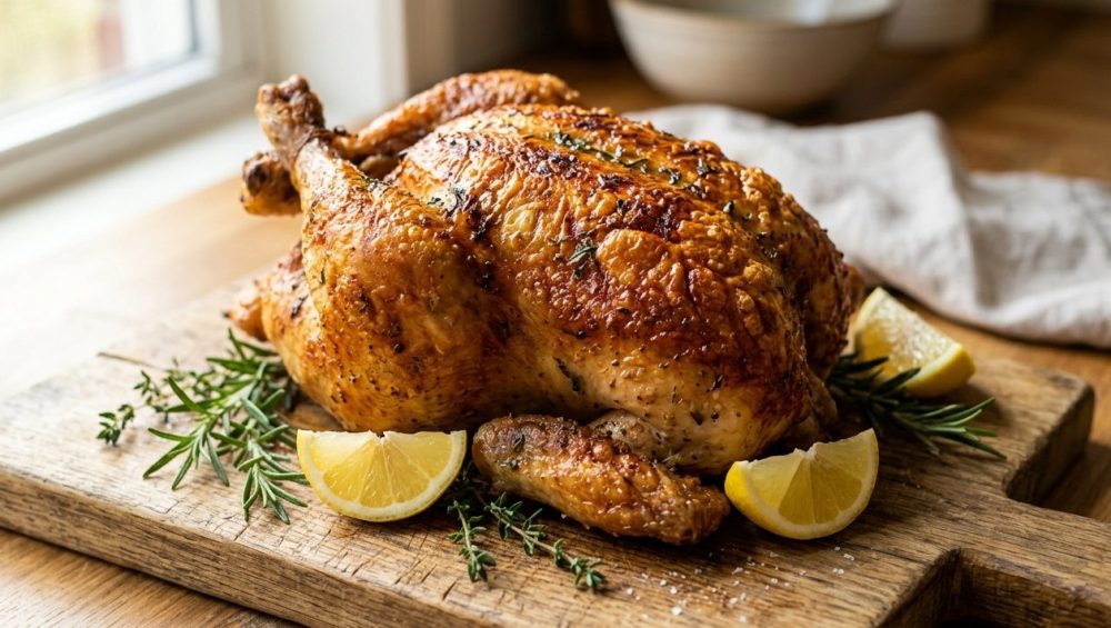 A perfectly roasted whole chicken with incredibly crisp, deeply golden-brown skin and a rich, caramelized sheen. It rests on a rustic wooden cutting board, garnished with fresh rosemary, thyme sprigs, and vibrant lemon slices. The focus is razor-sharp on the chicken, with a softly blurred, warm kitchen background, illuminated by natural light.