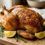 A perfectly roasted whole chicken with incredibly crisp, deeply golden-brown skin and a rich, caramelized sheen. It rests on a rustic wooden cutting board, garnished with fresh rosemary, thyme sprigs, and vibrant lemon slices. The focus is razor-sharp on the chicken, with a softly blurred, warm kitchen background, illuminated by natural light.