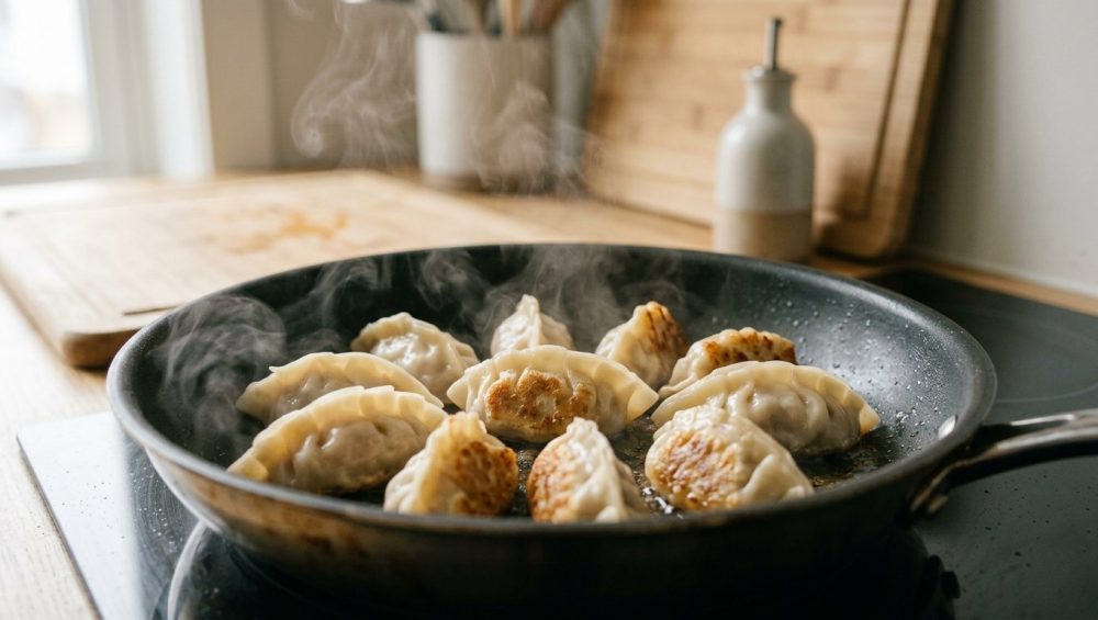 A close-up shows plump, perfectly sealed homemade dumplings, golden-brown and crispy on the bottom, gently steaming in a clean pan. The blurred modern kitchen background and warm natural light evoke culinary satisfaction.