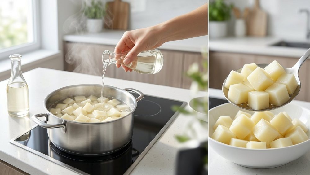 A photorealistic image of perfectly cooked, glistening white potato cubes with distinct edges, artfully arranged in a white ceramic bowl. In the softly blurred background of a pristine, naturally lit modern kitchen, a hand pours white vinegar into a pot of gently boiling water on an induction stovetop, with subtle steam rising.