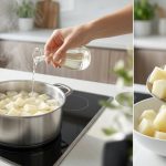 A photorealistic image of perfectly cooked, glistening white potato cubes with distinct edges, artfully arranged in a white ceramic bowl. In the softly blurred background of a pristine, naturally lit modern kitchen, a hand pours white vinegar into a pot of gently boiling water on an induction stovetop, with subtle steam rising.