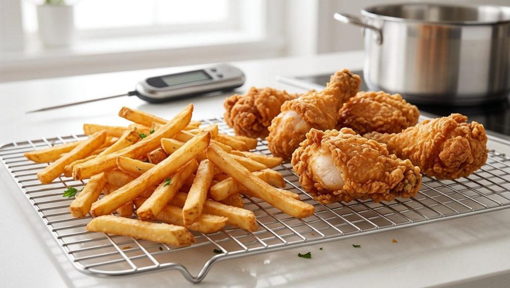 A photorealistic image of perfectly fried, golden-brown chicken and crispy French fries. The food appears dry, light, and non-greasy, glistening slightly as it cools on a stainless steel wire rack. No oil-absorbing paper is visible. In the soft-focus background, a digital thermometer and deep fryer suggest precise cooking in a clean, professional kitchen.