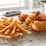 A photorealistic image of perfectly fried, golden-brown chicken and crispy French fries. The food appears dry, light, and non-greasy, glistening slightly as it cools on a stainless steel wire rack. No oil-absorbing paper is visible. In the soft-focus background, a digital thermometer and deep fryer suggest precise cooking in a clean, professional kitchen.