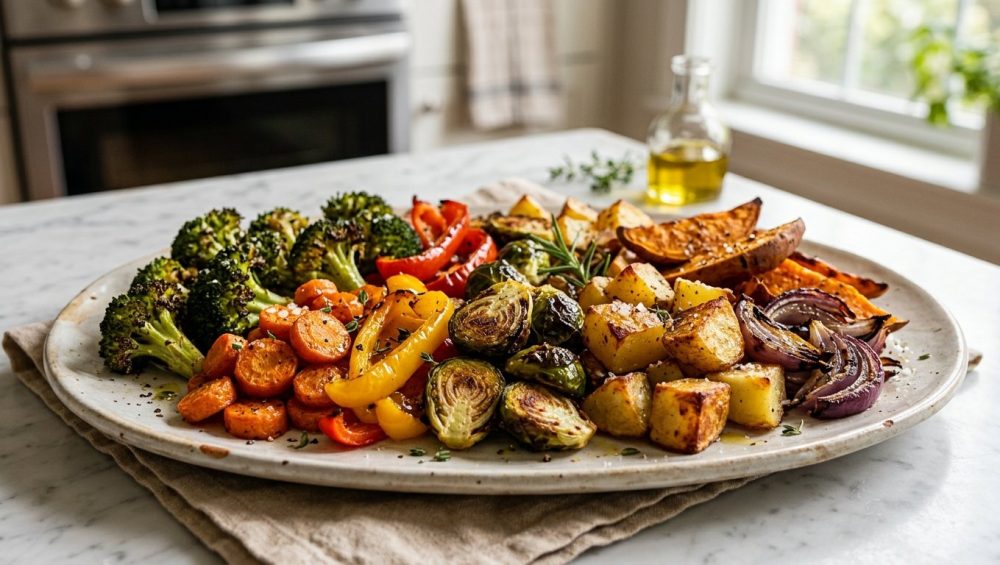 A vibrant, photorealistic image of perfectly roasted vegetables piled high on a rustic serving platter. Broccoli, carrots, bell peppers, potatoes, and Brussels sprouts display rich, golden-brown caramelization and crisp, slightly charred edges, seasoned with herbs on a bright kitchen counter.