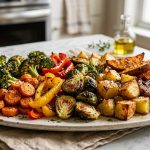 A vibrant, photorealistic image of perfectly roasted vegetables piled high on a rustic serving platter. Broccoli, carrots, bell peppers, potatoes, and Brussels sprouts display rich, golden-brown caramelization and crisp, slightly charred edges, seasoned with herbs on a bright kitchen counter.