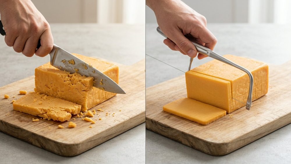 A hyper-photorealistic diptych contrasting cheese slicing methods. On the left, a chef's knife struggles to cut a block of cheddar, leaving a ragged, crumbly cut and smeared cheese on the blade. On the right, a wire slicer effortlessly produces a perfectly smooth, uniform slice from an identical block, with no residue. Both scenes are close-ups on a wooden cutting board.