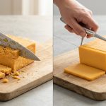 A hyper-photorealistic diptych contrasting cheese slicing methods. On the left, a chef's knife struggles to cut a block of cheddar, leaving a ragged, crumbly cut and smeared cheese on the blade. On the right, a wire slicer effortlessly produces a perfectly smooth, uniform slice from an identical block, with no residue. Both scenes are close-ups on a wooden cutting board.