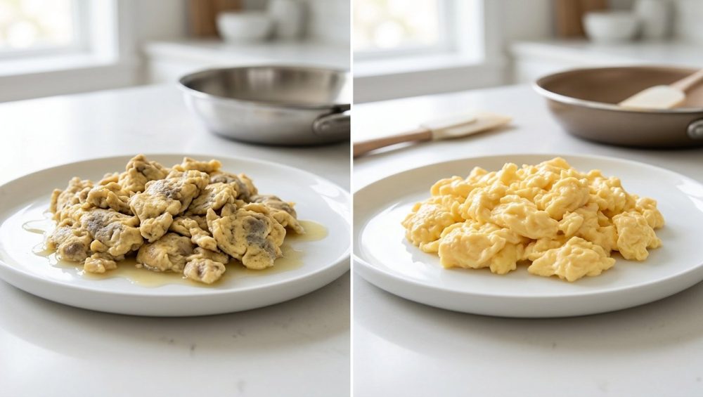 A photorealistic diptych compares scrambled eggs. On the left, unappetizing, overcooked, rubbery eggs with brown patches and watery liquid on a white plate. On the right, an identical plate holds perfectly cooked, fluffy, golden-yellow eggs with soft, tender curds and no excess moisture. Both sit on a clean, light kitchen counter with bright lighting highlighting the stark contrast.