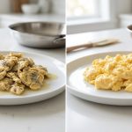 A photorealistic diptych compares scrambled eggs. On the left, unappetizing, overcooked, rubbery eggs with brown patches and watery liquid on a white plate. On the right, an identical plate holds perfectly cooked, fluffy, golden-yellow eggs with soft, tender curds and no excess moisture. Both sit on a clean, light kitchen counter with bright lighting highlighting the stark contrast.